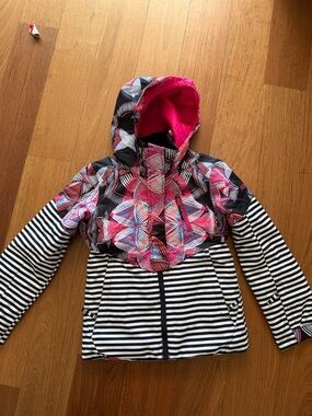 Roxy Girls' Black Snow Jacket with Hot Pink Accents and Multicolor Floral Trim